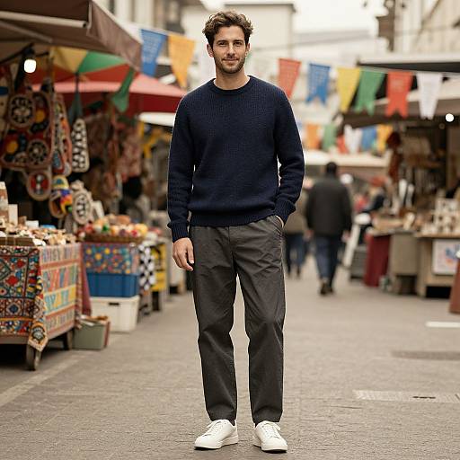 Photograph of a bearded man in a navy sweater, dark pants, and white sneakers standing in a colorful outdoor market.