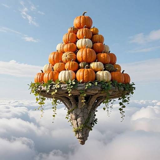 Fantastical photograph of a wooden tree-like platform floating in the sky, topped with a pyramid of bright orange and white pumpkins, surrounded by green
