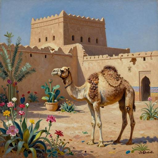 Colorful digital painting of a brown, curly-maned camel standing in a vibrant desert garden with flowers and palm trees, in front of a sunlit