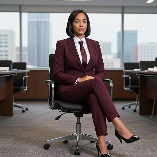 Photograph of an attractive, dark-skinned woman with a bob haircut, wearing a maroon suit, white shirt, black tie, and black heels