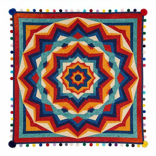 Vibrant, symmetrical, multilayered quilt pattern with starburst design, featuring orange, red, blue, and white colors, bordered