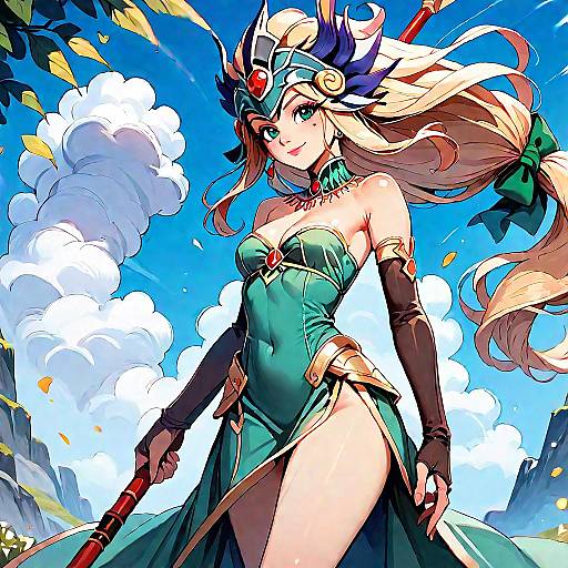Digital anime-style drawing of a blonde, green-eyed, warrior woman with a crown, green dress, black gloves, and high slit, holding a staff