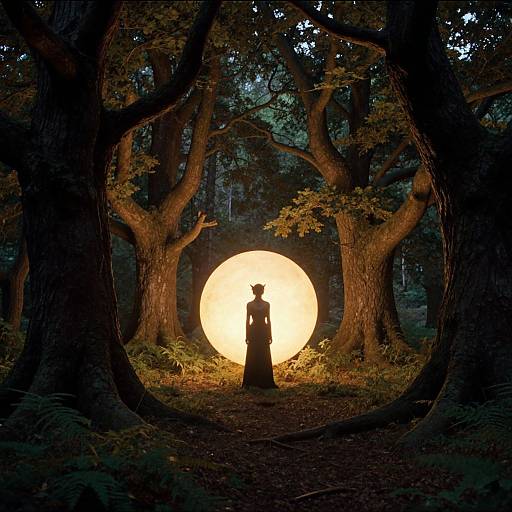 Silhouetted figure with a hat stands in a dark forest, framed by large trees, with a glowing full moon behind.