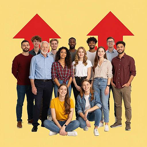 Diverse Group with Red Arrows on Yellow Background