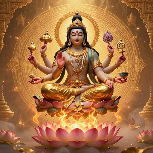 Digital artwork of a serene, multi-armed goddess with golden attire, sitting on a lotus flower amidst flames, holding sacred symbols, surrounded by an