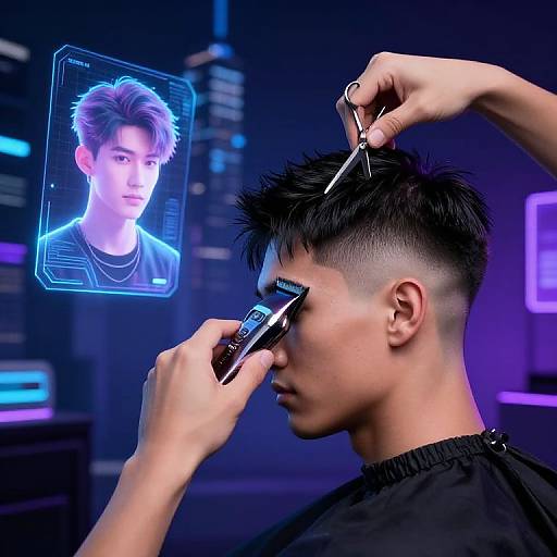 Digital CGI image of a young man with spiked black hair getting a futuristic haircut. Neon blue hologram of his face above. Hands use trimmer and