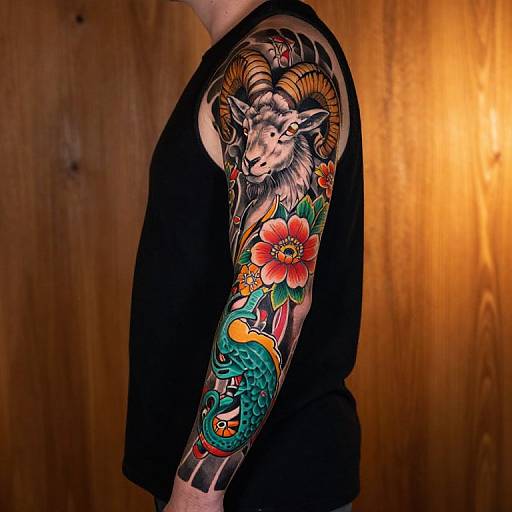 Photograph of a man's tattooed arm featuring a detailed ram with horns, vibrant flowers, and a turquoise dragon, set against a wooden background.