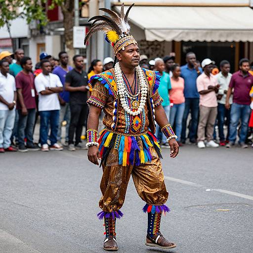 Photograph of a Black man in vibrant, traditional African attire with colorful feathers, beads, and patterns, walking in a street parade with a diverse,