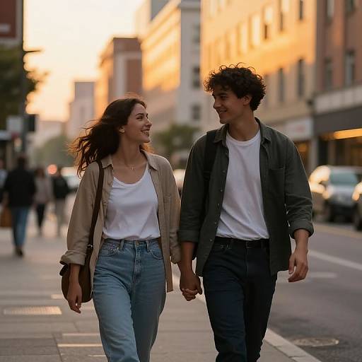 Photograph of a smiling couple holding hands, walking down a sunlit urban street, wearing casual clothes, with blurred city buildings in the background.