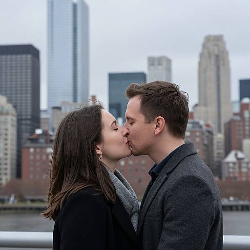 Photograph of a couple kissing on a city rooftop, both wearing dark coats; urban skyline with tall buildings in the background.