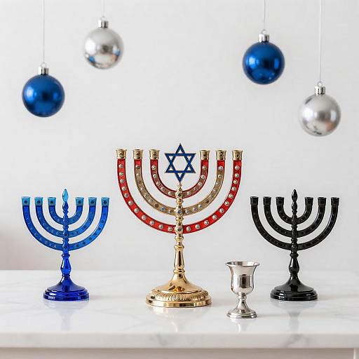 Hanukkah Menorahs on White Marble Table