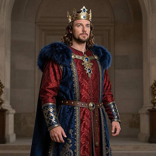 Photograph of a regal man with long brown hair and beard, wearing a golden crown, red and blue embroidered robe with fur trim, standing in