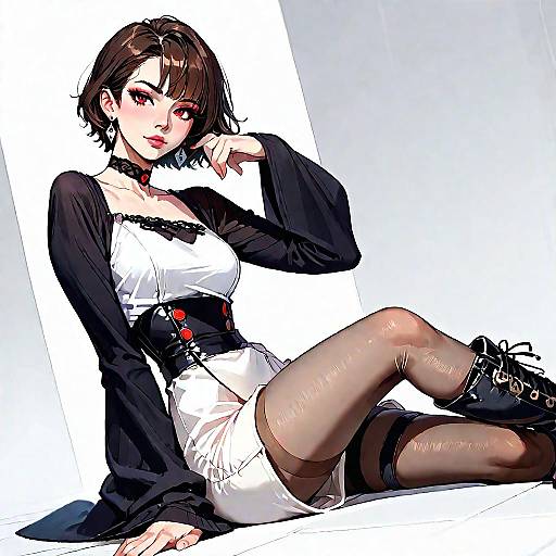 Digital anime-style drawing of a brunette woman with short hair, wearing a black cardigan, white top, black belt with red buttons, white skirt,