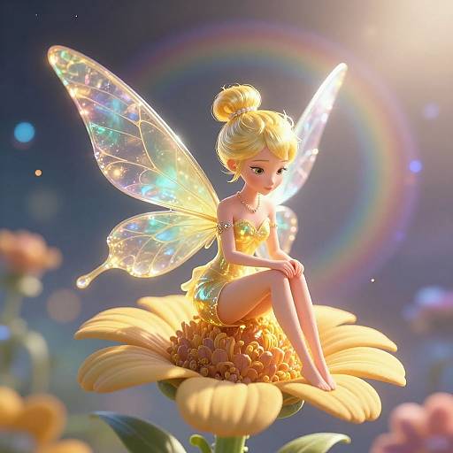 Digital artwork of a glowing fairy with yellow hair and wings, sitting on a sunflower, under a radiant sun with a rainbow.