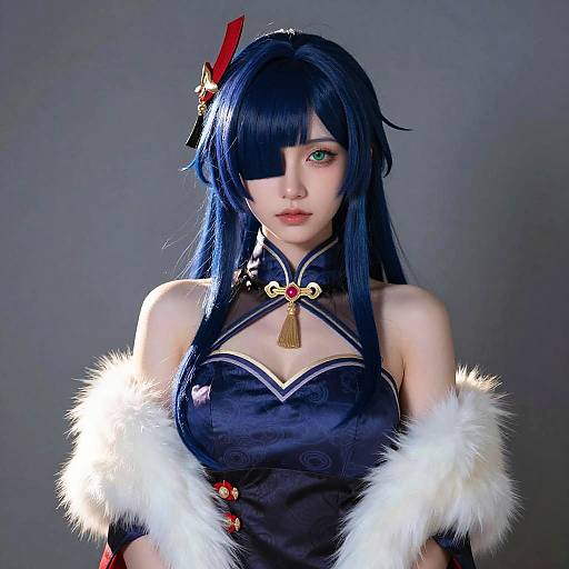 Photograph of an East Asian woman in a black, traditional Chinese-inspired cosplay outfit with long blue hair, green eyes, eyepatch, and white