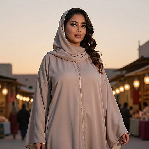 Photograph of a confident South Asian woman with long, wavy dark hair, wearing a light beige, long-sleeved, hooded dress,