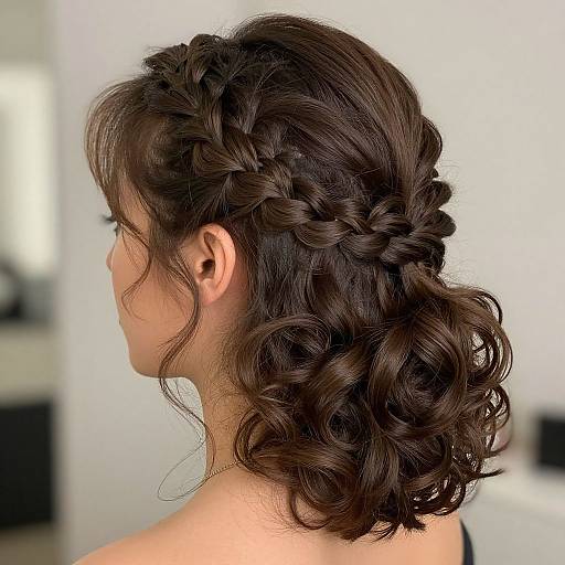Photograph of a woman with dark brown, curly hair styled in an intricate braided updo, viewed from the side in a brightly lit room.