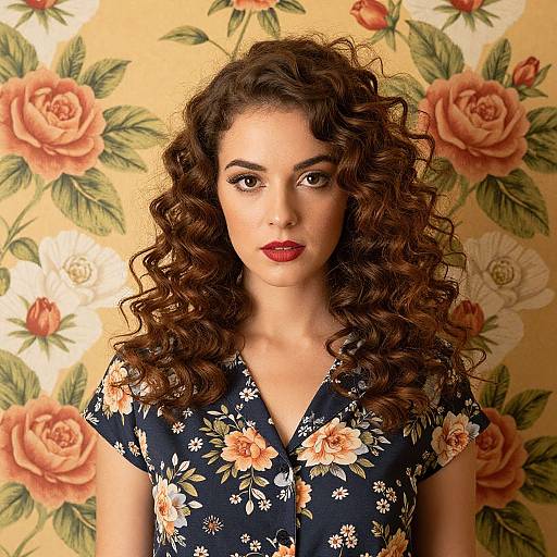 Photograph of a woman with curly brown hair, red lipstick, wearing a navy floral dress, standing against a vintage rose-patterned wallpaper.