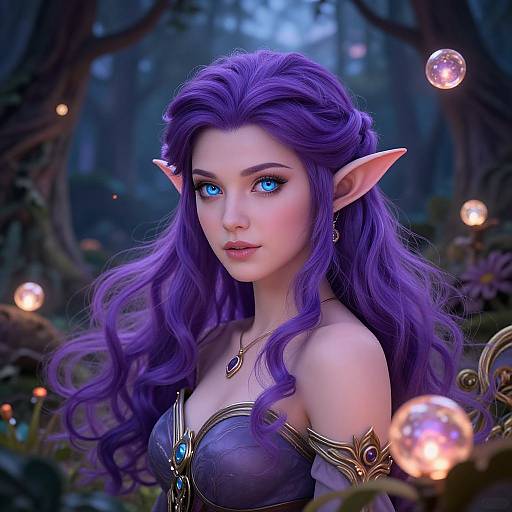 Digital art of a beautiful, elf-like woman with long purple hair, pointed ears, blue eyes, and a glowing necklace, surrounded by glowing orbs in