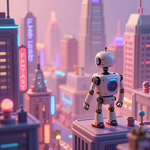 CGI image of a white, robotic humanoid standing on a city building rooftop, with neon-lit skyscrapers and a futuristic urban skyline in pink
