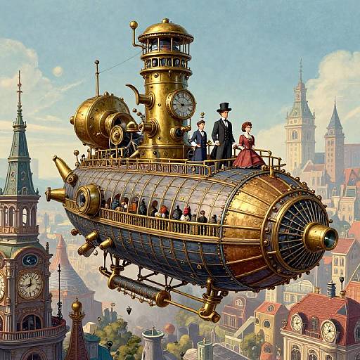 Victorian-era steampunk airship with brass gears and clock, flying over a picturesque, medieval European cityscape with clock towers and spires.
