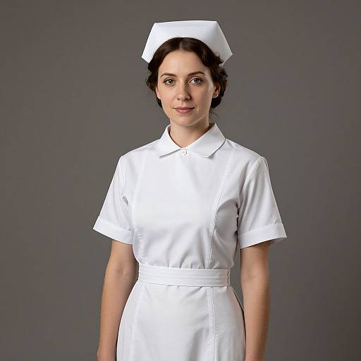 Photograph of a young woman with dark hair in a white nurse uniform and cap, standing against a gray background.
