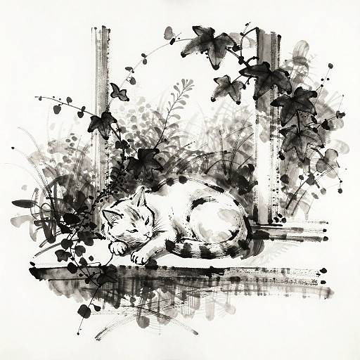 Expressive Sumi Ink Cat in Garden