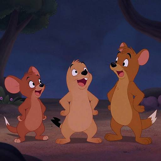 Digital illustration of three animated mice: a small brown mouse, a medium tan mouse with hands on hips, and a larger brown mouse, all smiling and