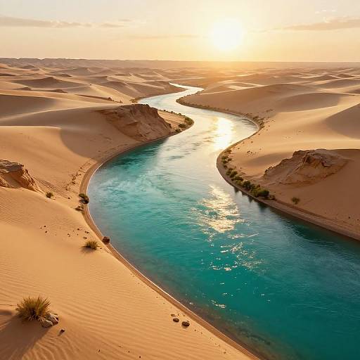 Photograph of a winding, turquoise river cutting through golden desert sand dunes at sunset, with the sun reflecting off the water.
