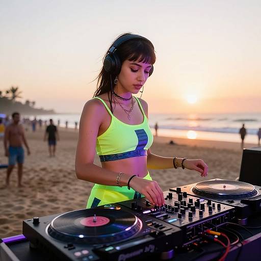 Cyberpunk Queen DJ at Beach Sunrise