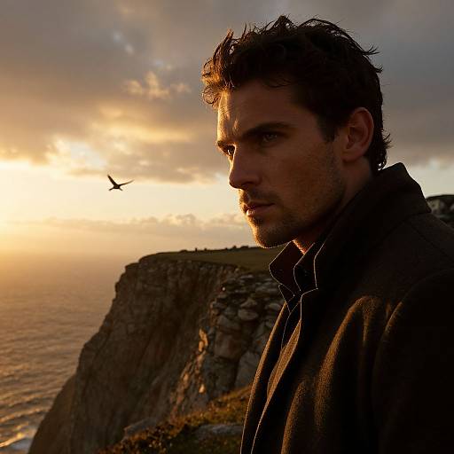 Photograph of a serious, dark-haired man with stubble, wearing a dark coat, standing on a rocky cliff at sunset, with a bird flying