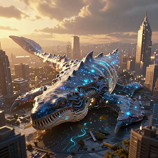 Digital artwork of a massive, bioluminescent shark-like creature with intricate blue and white patterns, towering over a futuristic cityscape at sunset.