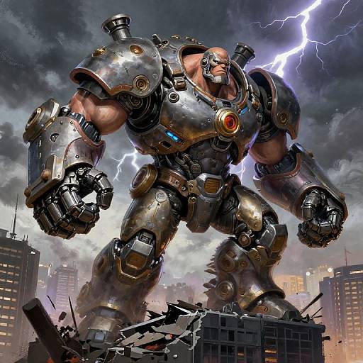 Digital artwork: Muscular, metallic robot with glowing eyes and orange-red chest emblem, standing amidst city ruins, lightning bolts illuminating stormy sky.