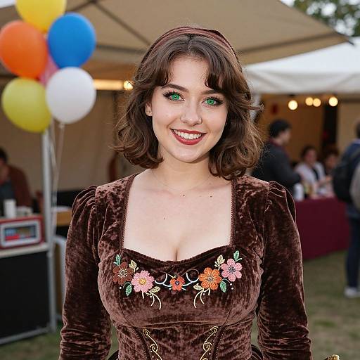 Photograph of a smiling woman with green eyes, short brown hair, wearing a brown velvet dress with floral embroidery, standing outdoors under a tent with colorful
