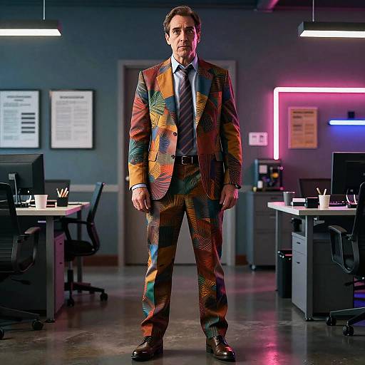 Photograph of a man in a colorful, patterned suit standing in a modern office with neon lights, desks, and framed documents.