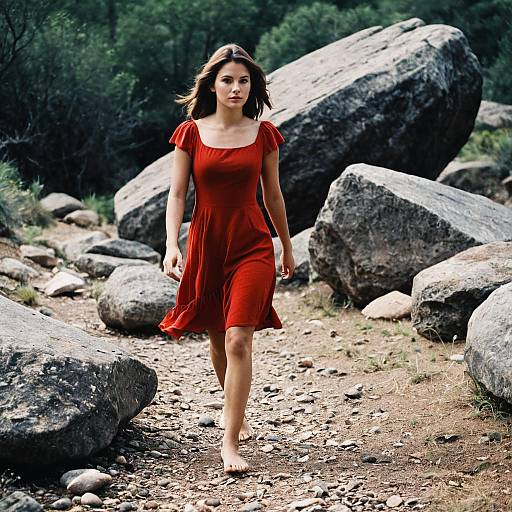 Woman in Red Dress Walking Barefoot Outdoors
