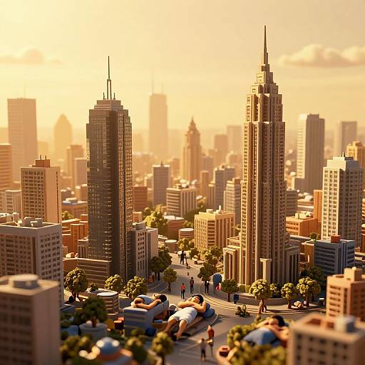 Digital CGI image of a bustling sunset cityscape with tall skyscrapers, cars, trees, and people walking, showcasing a golden-hued urban skyline