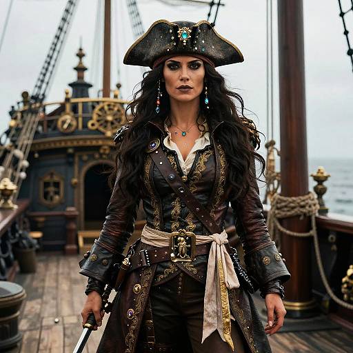 Photograph of a fierce, dark-haired pirate woman with large tricorn hat, ornate black coat, white shirt, and sword, standing on a