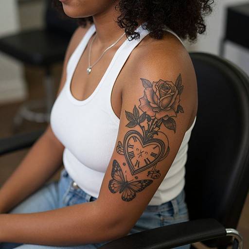 Photograph of a woman with curly hair, wearing a white tank top and blue jeans, showcasing a detailed black and gray tattoo of roses, a heart