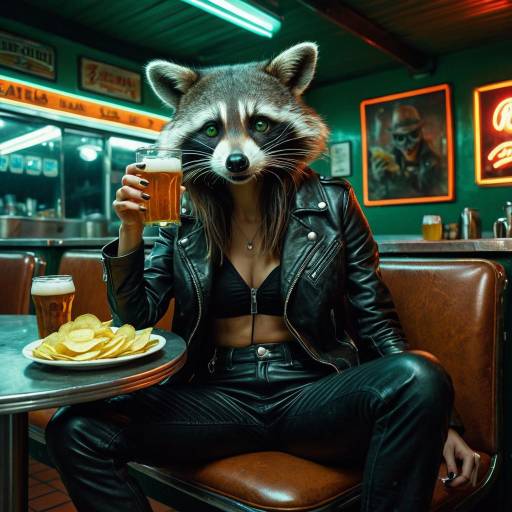 Anthropomorphic Raccoon Woman Drinking Beer in Neon Diner