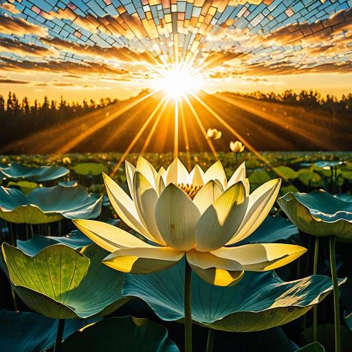 Blooming Lotus at Sunrise with Mosaic Sky