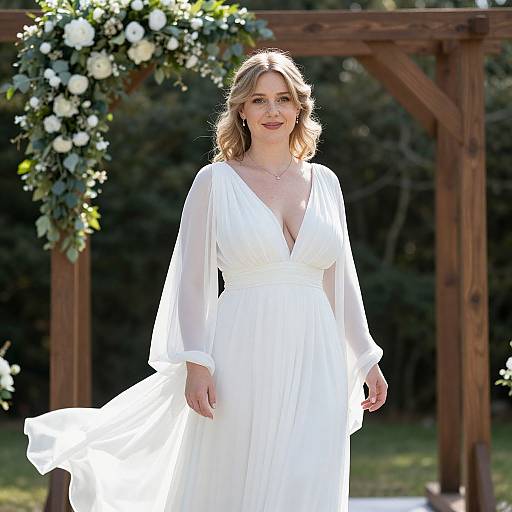 Photograph of a smiling blonde woman in a white, V-neck, long-sleeve wedding dress standing in front of a wooden arch adorned with white