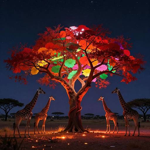 Photograph of five giraffes standing around a vibrant, neon-lit acacia tree under a starry night sky in an African savanna.