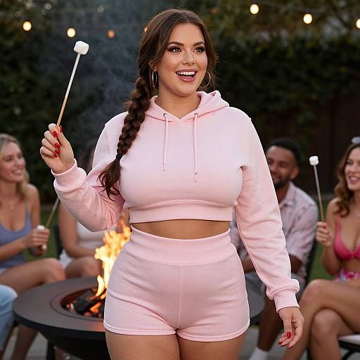Photograph of a smiling, curvy woman with long braided hair, wearing a pink hoodie and shorts, holding a sparkler, standing by a