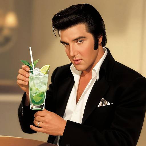 Digital artwork of a handsome man with slicked-back black hair, wearing a black blazer and white shirt, holding a refreshing green drink with a lemon