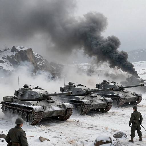 Snowy battlefield with military tanks and soldiers