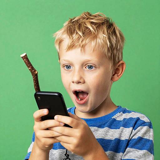 Surprised Boy with Stick Phone Portrait
