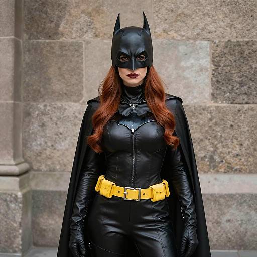 Photograph of a woman in a black leather Batman cosplay with yellow belt, cat-ear mask, long red hair, standing against a stone wall.