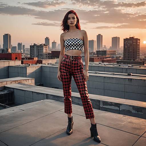 Woman in Checkerboard Outfit on Urban Rooftop at Sunset