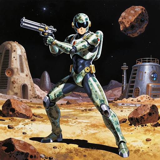 Digital art of a camo-clad, helmeted space warrior with a dual gun, standing in a rocky, asteroid-laden lunar landscape, with